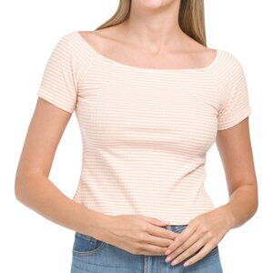 Mango MNG Women's Cropped Boat Neck Top X-Small White & Orange Striped pattern